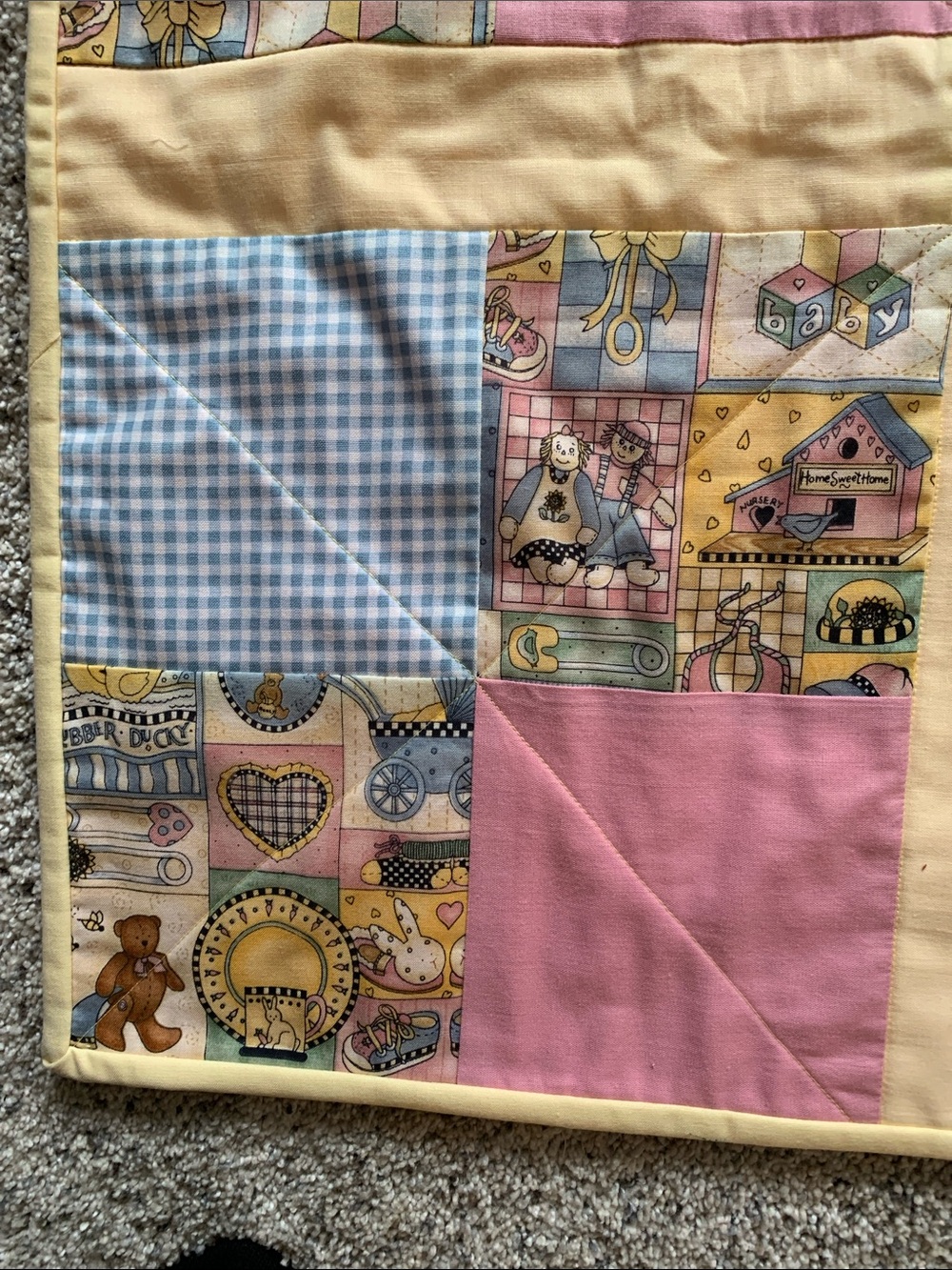 Handmade Pink and Yellow Patchwork Baby Quilt - Picture 2 of 3